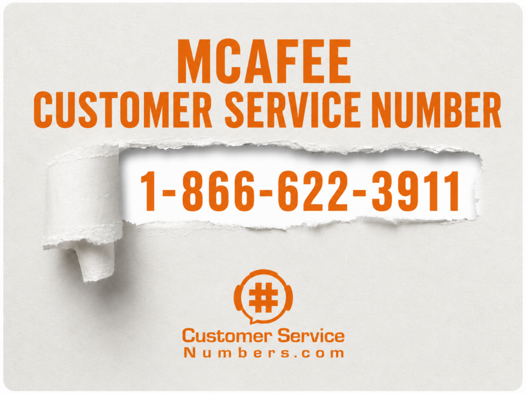 McAfee customer service number 1-866-622-3911 shown in an orange torn-paper CustomerServiceNumbers.com graphic
