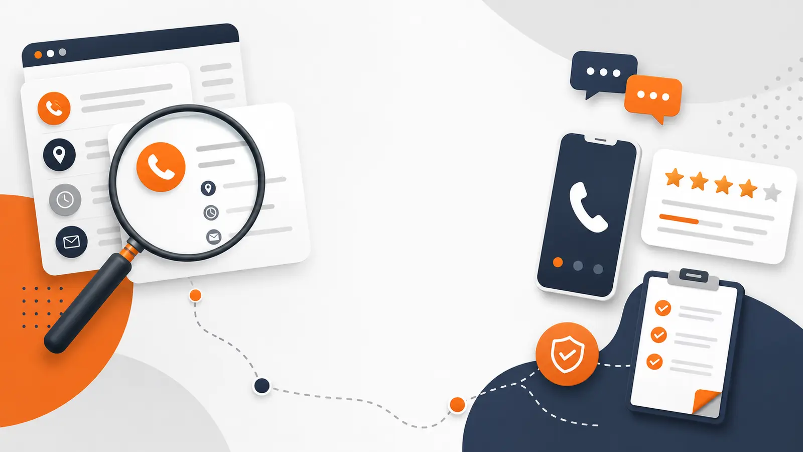 Illustration of customer service contact search, phone support, reviews and complaint guidance